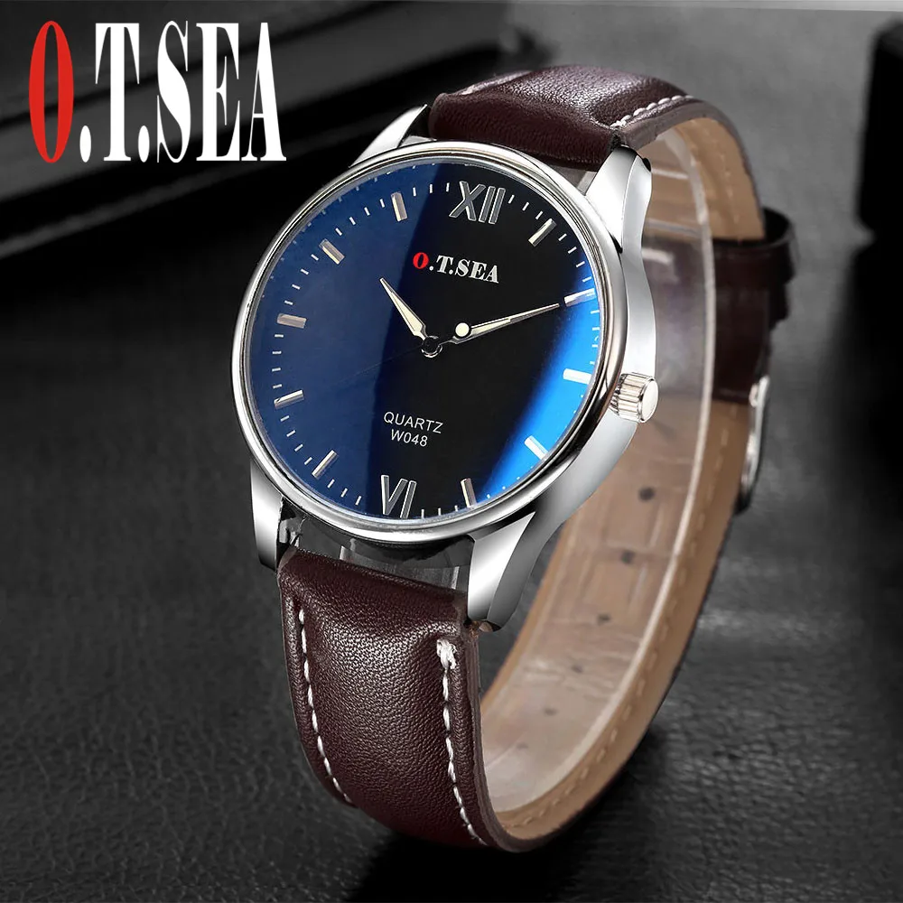 Luxury O.T.SEA Brand Blue Ray Glass Faux Leather Watches Men Military Sports Quartz Wrist Watch Relogio Masculino W048 | Наручные часы