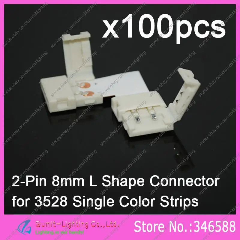 100pcs/LOT 2Pin 2-Pin 8mm L-shape 2-Way PCB Corner Connector Solderless Adaptor with Clips for 3528 Single Color LED Strips
100pcs/LOT 2Pin 2-Pin 8mm L-shape 2-Way PCB Corner Connector Solderless Adaptor with Clips for 3528 Single Color LED Strips
