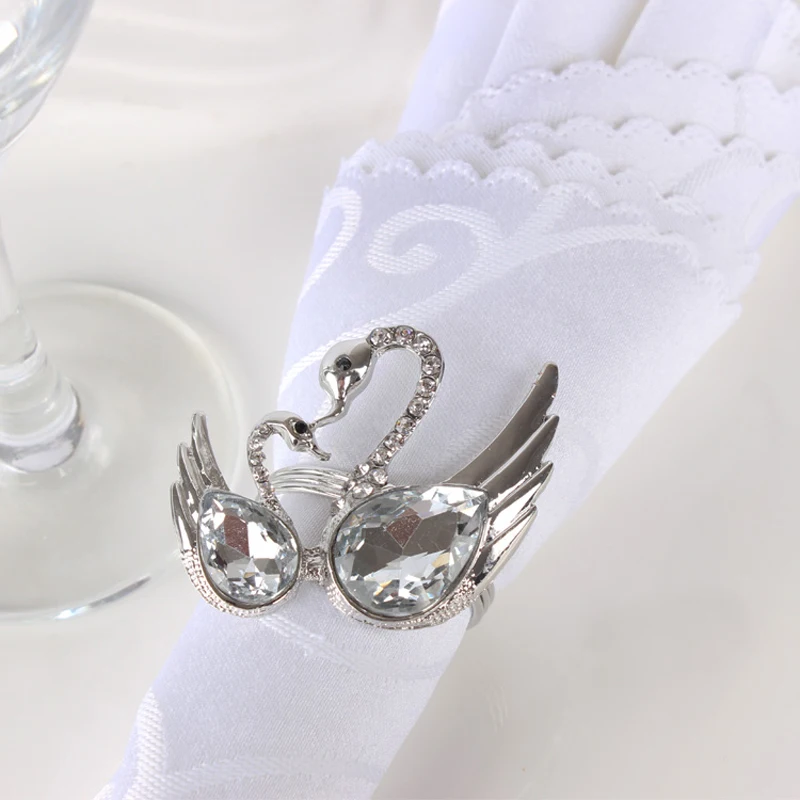 

Wedding Favors Shiny Silver Plating With Clear Crystals Jeweled Double Swans Design Metal Alloy Napkin Rings Set Of 6 Pieces