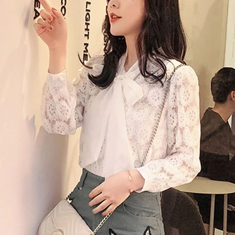 

Women's Clothing 2021 White Blouse Shirts Korean Fashion Clothing Bow Chiffon Blouse Solid Shirts Ladies Tops 3474 50