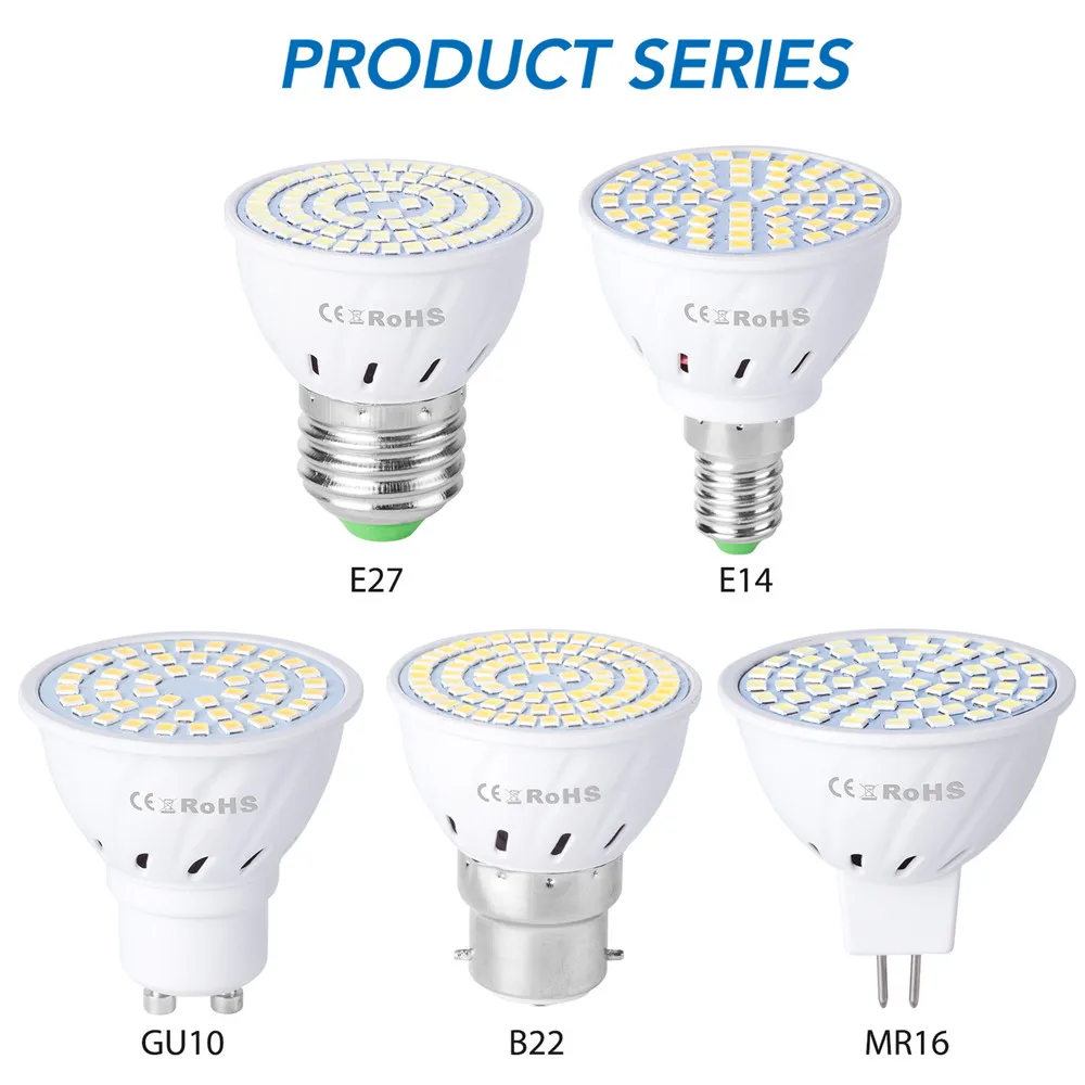 

LED GU10 E27 E14 Lamp Spotlight Bulb 48 60 80Leds lampara 220V bombillas led MR16 B22 SMD2835 Lampada Spot light 5W 7W 9W
