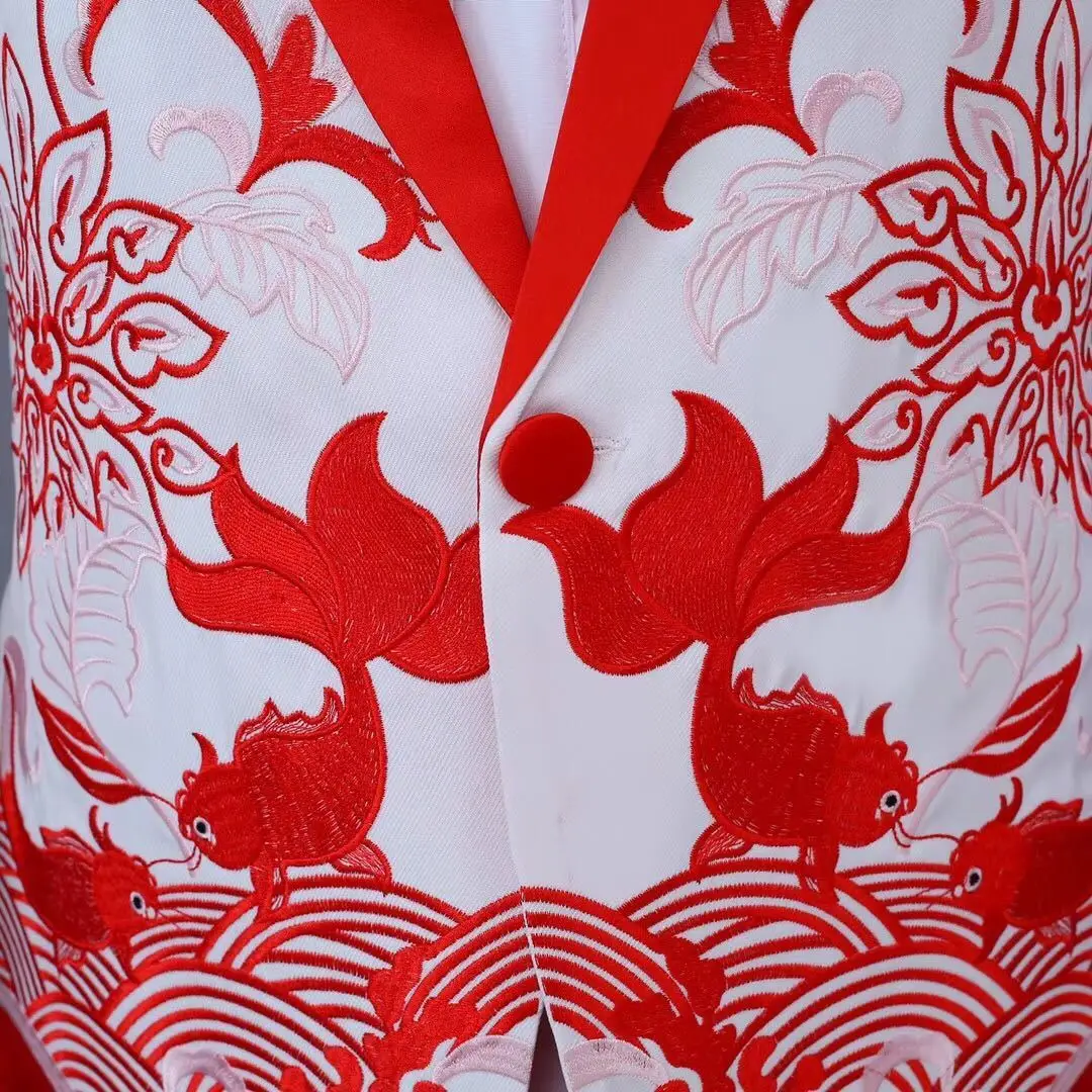 PYJTRL New Chinese Style Red Blue Fish Embroidery Blazer Slim Fit Designs Men Shawl Lapel Suit Jacket Stage Singer Wear Coat
PYJTRL New Chinese Style Red Blue Fish Embroidery Blazer Slim Fit Designs Men Shawl Lapel Suit Jacket Stage Singer Wear Coat