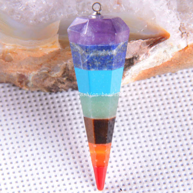 

Reiki Charm Pyramid 7 Chakra Natural Gem Stone Rainbow Layered Dowsing Healing Point Pendant Chain Pendulum 1Pcs K1823