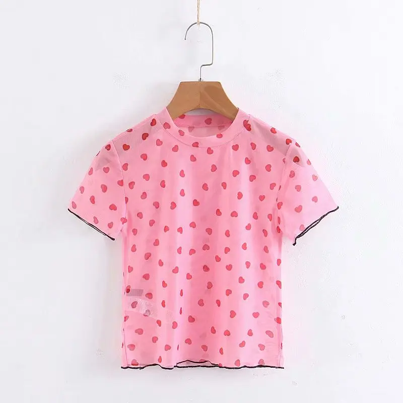 Женская футболка с коротким рукавом розовый сетчатый топ принтом в виде сердца