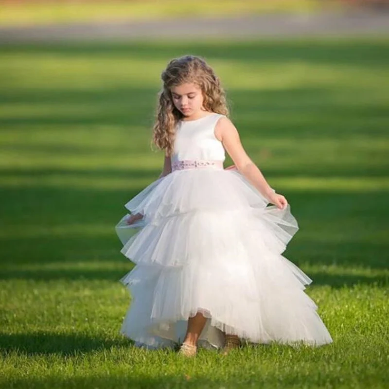 Белые Платья с цветочным узором для девочек Каскадное Пышное милое платье в