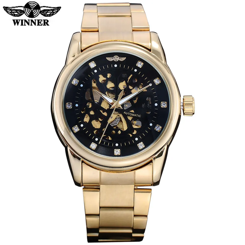 WINNER men fashion luxury mechanical watches steel band gold case casual brand skeleton automatic wristwatches relogio masculino
WINNER men fashion luxury mechanical watches steel band gold case casual brand skeleton automatic wristwatches relogio masculino