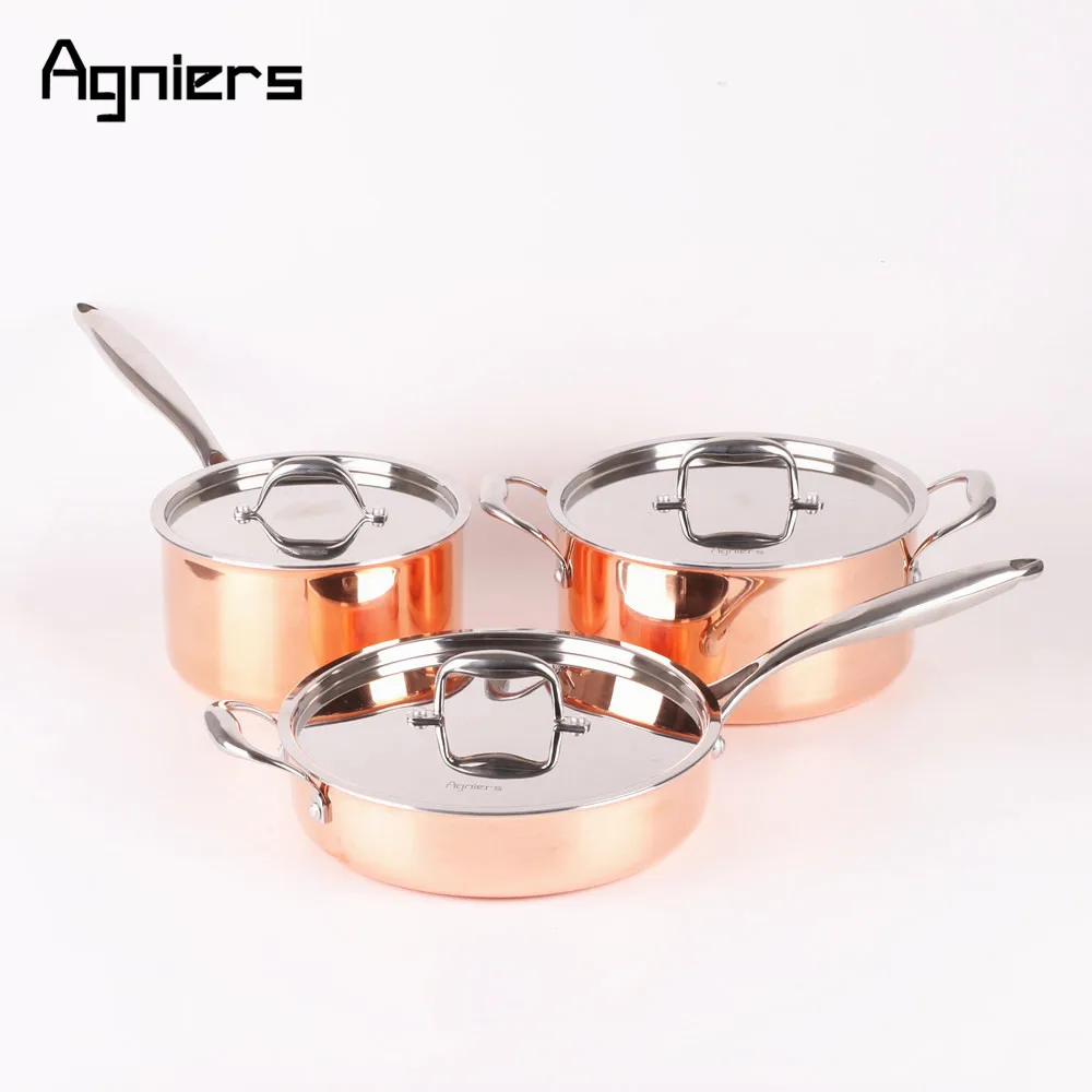 Agniers High Quality 3pans 6pcs copper cookware set Five-Ply copper clad steel 20cm Sauce pan + 24cm Soup pots + 26cm Saute pan
Agniers High Quality 3pans 6pcs copper cookware set Five-Ply copper clad steel 20cm Sauce pan + 24cm Soup pots + 26cm Saute pan