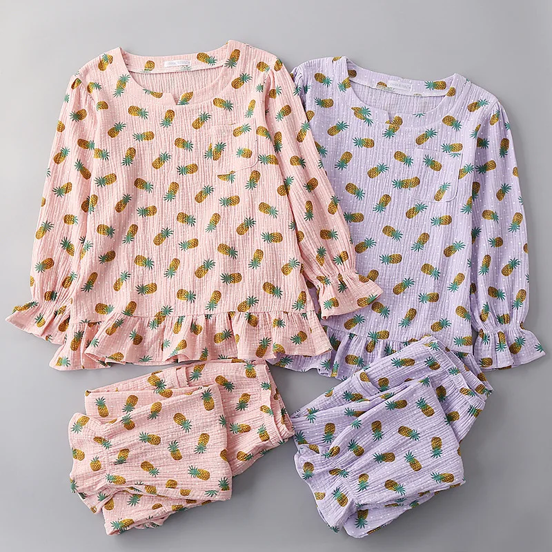 New Women's Cotton Crepe Yarn Lace Long-sleeved Trousers Home Wear Pajamas Suit Round Neck Pyjamas Women Pijamas Printing Pjs
New Women's Cotton Crepe Yarn Lace Long-sleeved Trousers Home Wear Pajamas Suit Round Neck Pyjamas Women Pijamas Printing Pjs