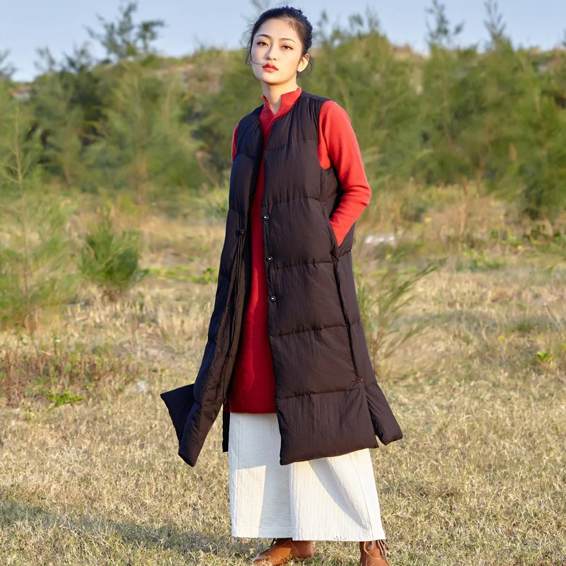 SCUWLINEN 2019 Winter Women Jackets Solid Embroidery Long Thickening Warm 90% Duck Down Vest Light Casual Loose Parka S701 | Женская