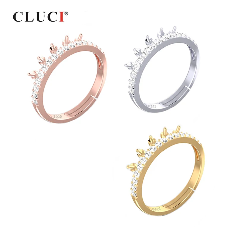 

CLUCI 925 пробы, Серебряная корона из розового золота, кольцо для женщин, свадебные украшения, серебро 925, жемчужное кольцо, регулируемое кольцо ...