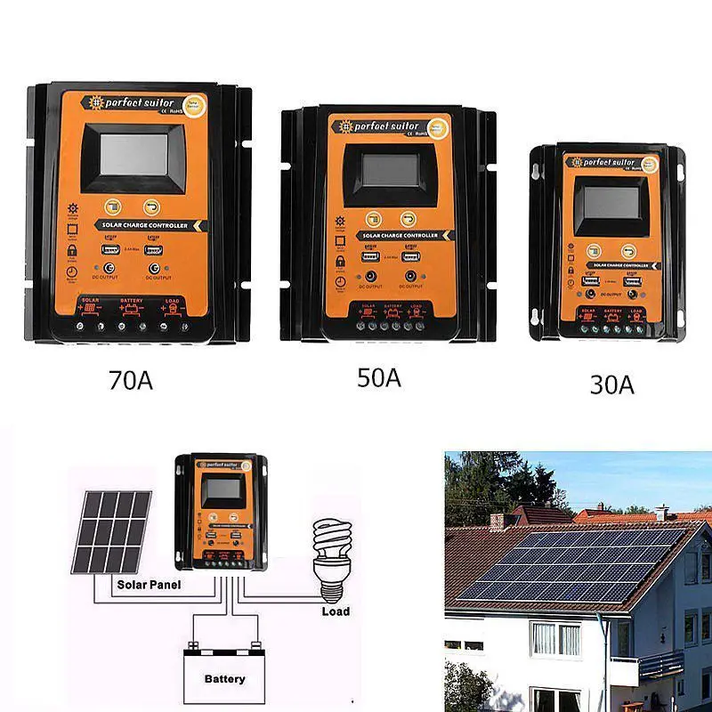 PWM 30A/50A/70A 12V/24V солнечная панель контроллер заряда и разряда двойной USB выход ЖК