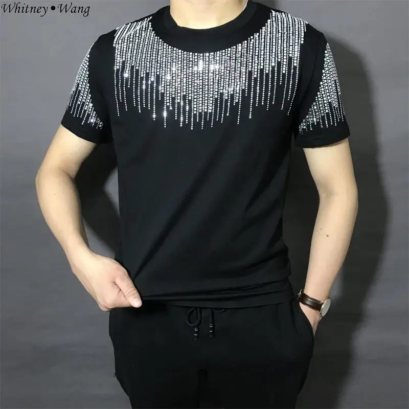 Летняя мода 2019 футболка WHITNEY WANG в стиле High Street стразы Мужская стильная Топы
