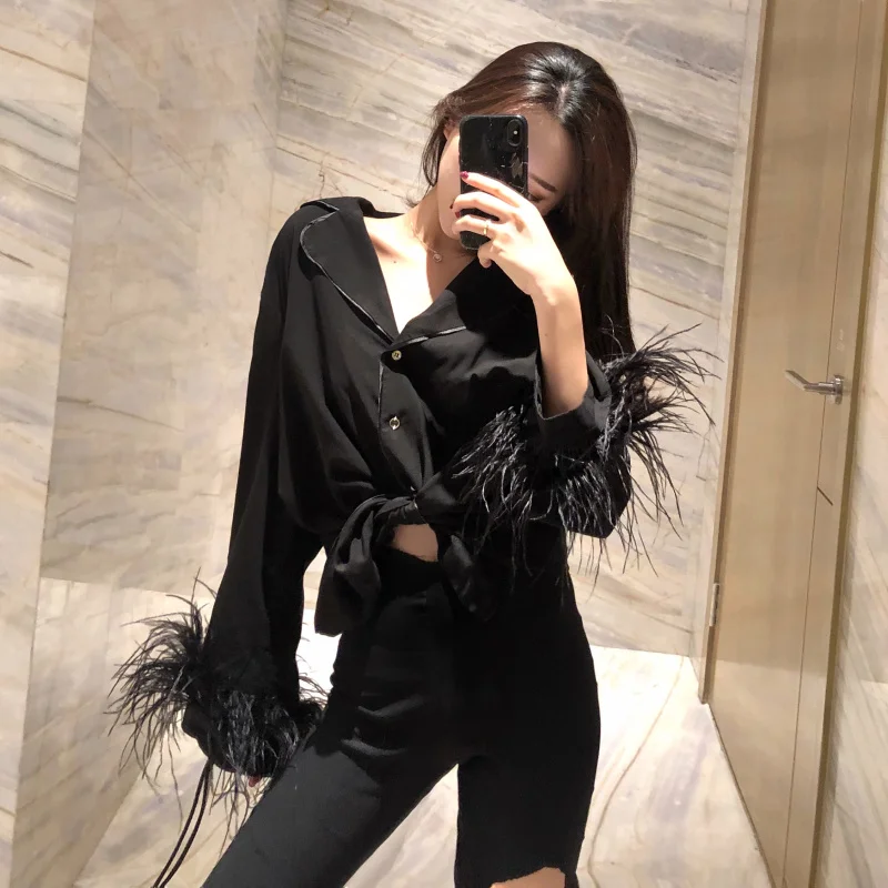 Новинка весны 2019 тонкие женские блузки для похудения черная Роскошная блестящая