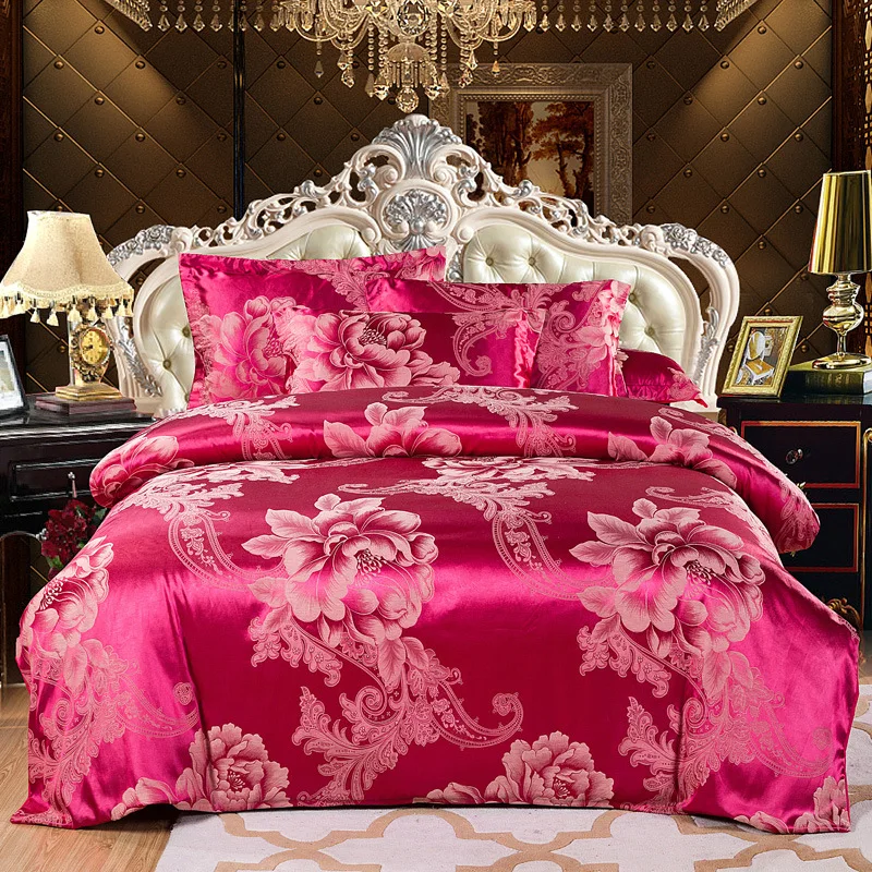 European Jacquard Satin 4pcs Bed Comforter Wedding Luxury Bedding Sets Cotton Quilt Cover Sheet Pillowcase Duvet Cover Sets
European Jacquard Satin 4pcs Bed Comforter Wedding Luxury Bedding Sets Cotton Quilt Cover Sheet Pillowcase Duvet Cover Sets