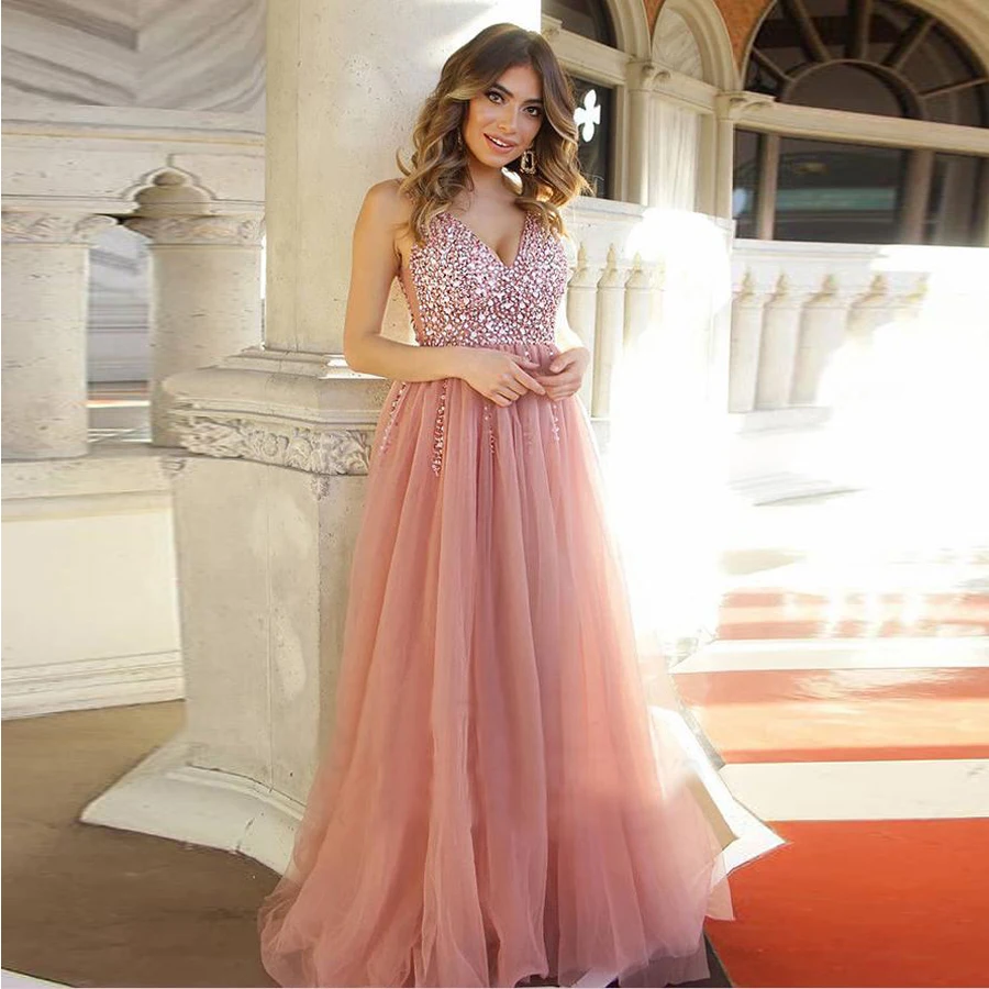 Chic Blush Pink V neck Long Prom Dresses With Rhinestone A-line Backless Beautiful Evening Dresses Party Dress
Chic Blush Pink V neck Long Prom Dresses With Rhinestone A-line Backless Beautiful Evening Dresses Party Dress