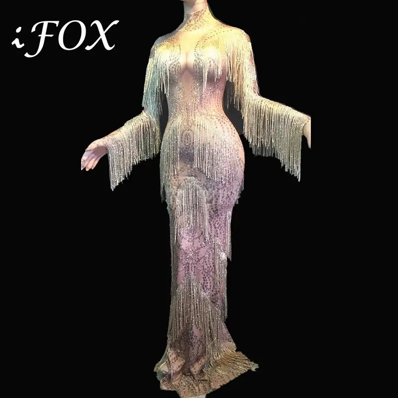 2019 Champagne Gold Rhinestones Fringes Dress Women Stage Wear Big Stretch Dress Singer Evening Performance Tassel Long Dress
2019 Champagne Gold Rhinestones Fringes Dress Women Stage Wear Big Stretch Dress Singer Evening Performance Tassel Long Dress