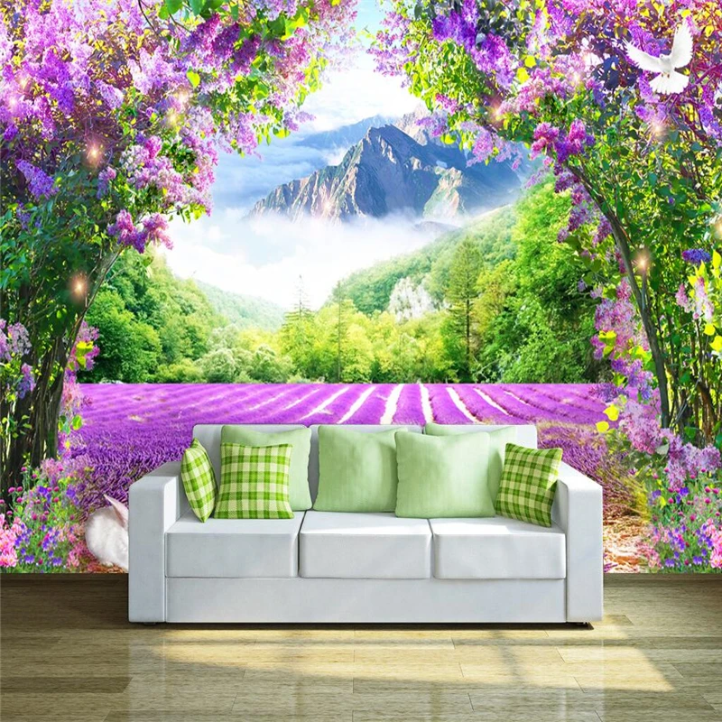 

beibehang Fresh lavender flower rattan arches 3D TV backdrop custom large fresco green silk silk wallpaper papel de parede