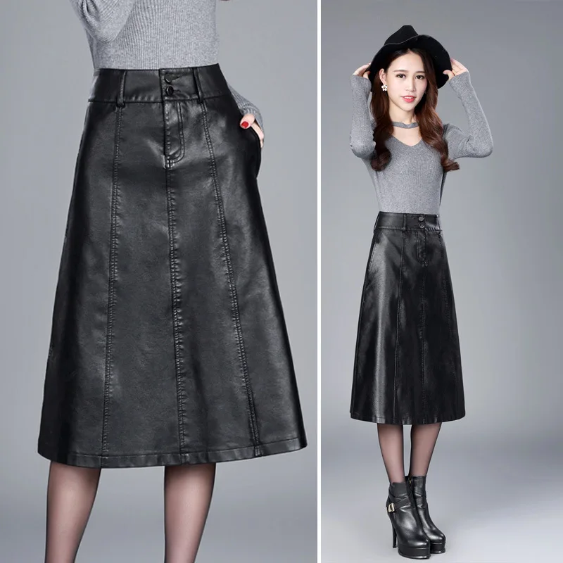 Женская юбка миди из искусственной кожи винтажная с высокой талией размера плюс