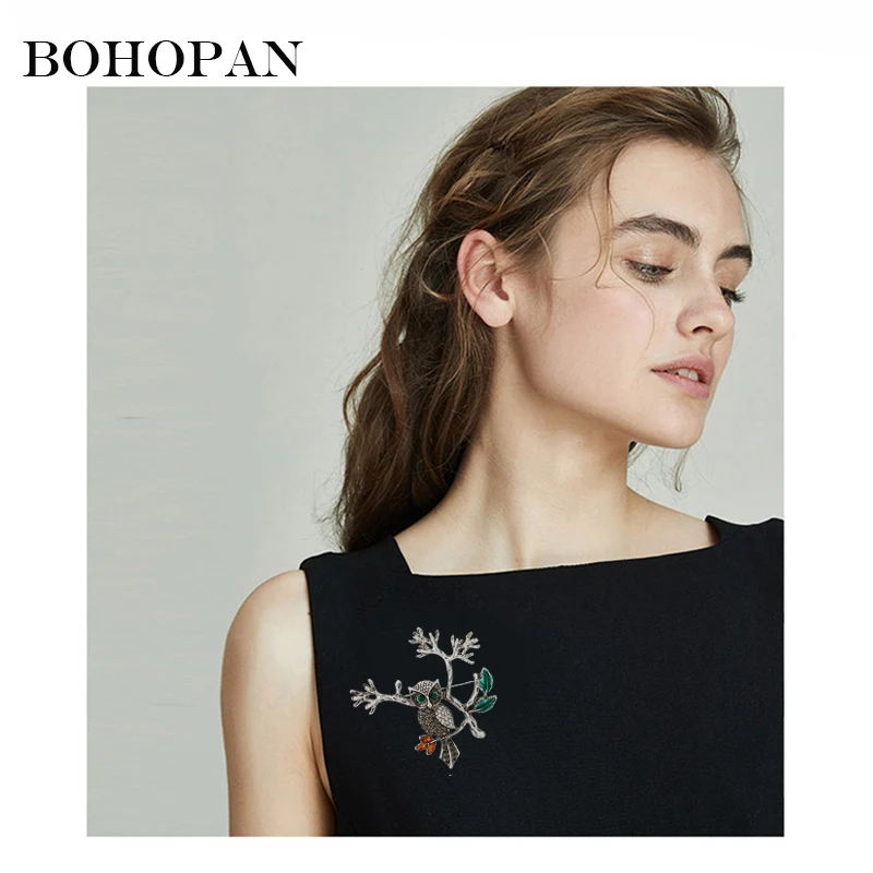 

BOHOPAN Vintage Owl Branch Brooch For Women Rhinestone Crystal Big Brooches Fashion Clothing Accessories Party Jewelry Gifts