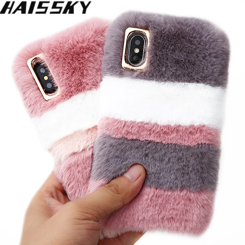 Пушистый мех кролика чехол для iPhone X XS Max 8 7 Plus Мягкий телефона теплый пушистый XR 6 6s