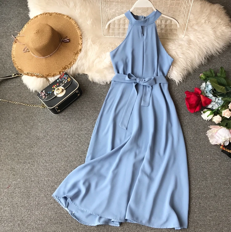Women's summer halter neck hollow out sleeveless dress lady's medium long bow belt beach vacation dress TB1245
Women's summer halter neck hollow out sleeveless dress lady's medium long bow belt beach vacation dress TB1245