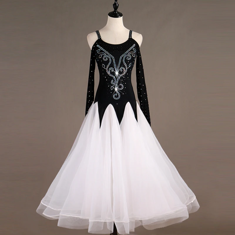 Платье для бальных танцев блестящее черное платье с длинным рукавом и блестящими