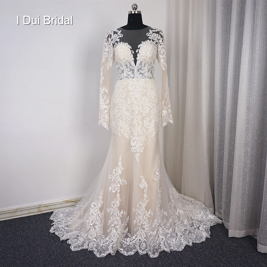 Long Sleeve Mermaid Light Champagne Wedding Dresses with Lace Appliqued Illusion Back Custom Made
Long Sleeve Mermaid Light Champagne Wedding Dresses with Lace Appliqued Illusion Back Custom Made