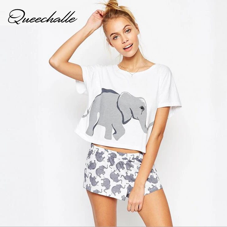 European style women t shirt 2017 Summer White Color Female Crop Tops Elephant print casual for Cotton tee|t-shirt women|t-shirt stylecasual t-shirt