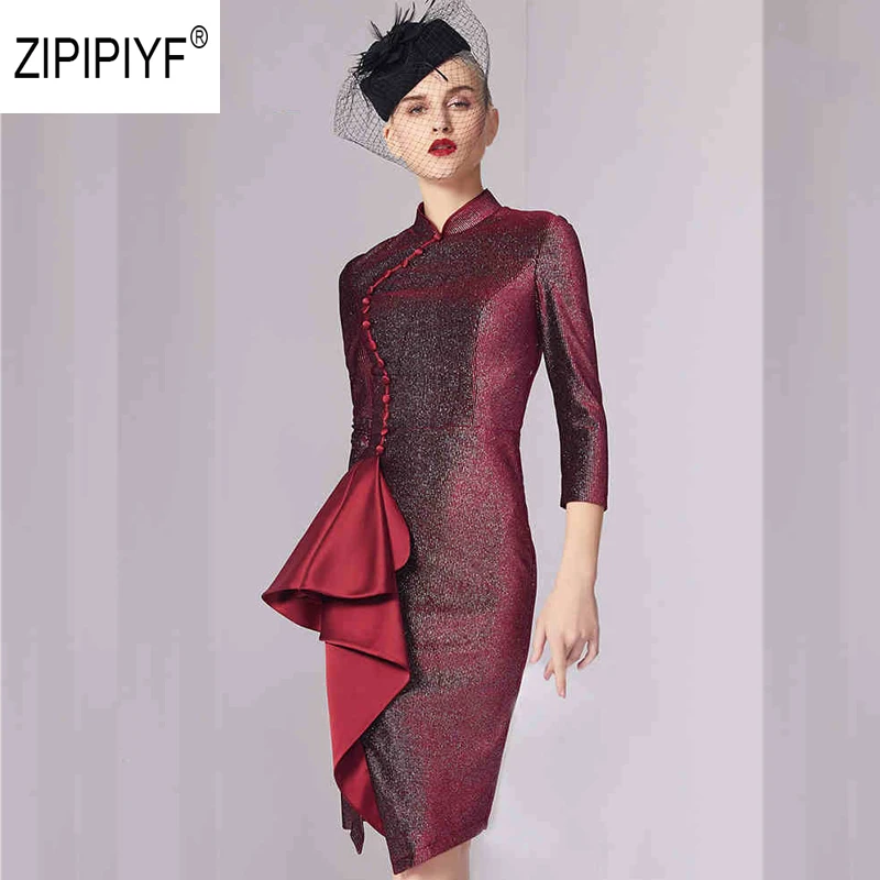 Chinese shinny Ruffles Pencil dress women 3/4 sleeve dresses sexy Stand Collar party dress cheongsam vestidos mujer AB156
Chinese shinny Ruffles Pencil dress women 3/4 sleeve dresses sexy Stand Collar party dress cheongsam vestidos mujer AB156