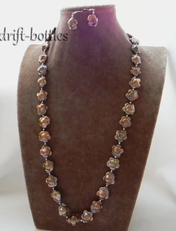 28'' 17MM Coffee Baroque Reborn Freshwater Pearl Necklace Earring Set