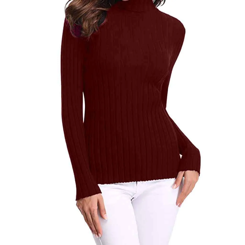 Женский тонкий свитер с высоким воротом пуловер однотонная блузка длинными