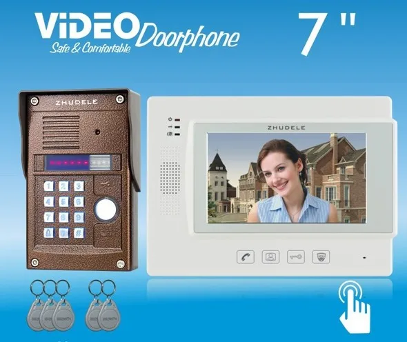 ZHUDELE 4-wire 7 "цветной видео телефон двери CCD камера с ID карты и пароль