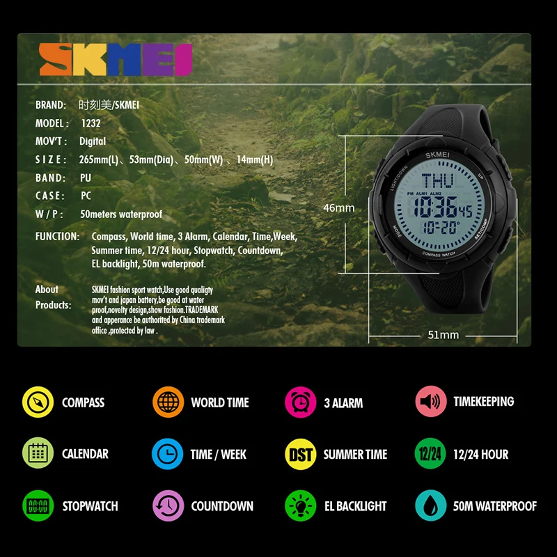 SKMEI 1232 Men Digital Wristwatches Compass World Time EL Light Watches Repeater Countdown Alarm Sport Watch Relogio Masculino
SKMEI 1232 Men Digital Wristwatches Compass World Time EL Light Watches Repeater Countdown Alarm Sport Watch Relogio Masculino
