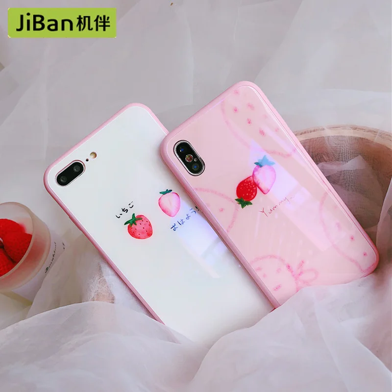 JiBan Летние фрукты Клубника Стекло корпуса мобильного чехол для телефона iPhone 6 S 7 8