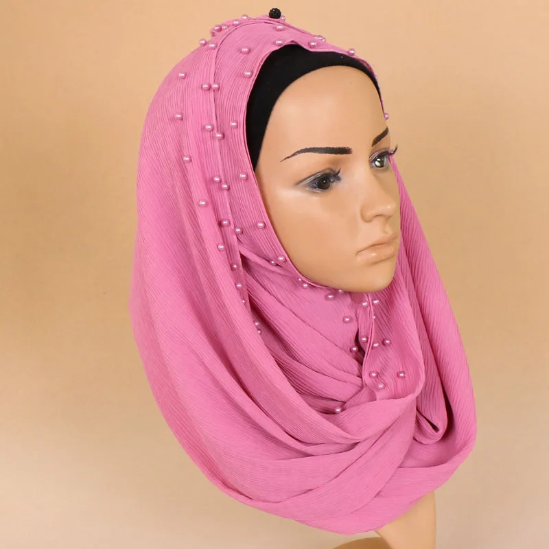 

Женский шифоновый мусульманский шарф с жемчугом, простой гофрированный хиджаб тюрбан, головной платок, шаль, мусульманский хиджаб с рябью, ...