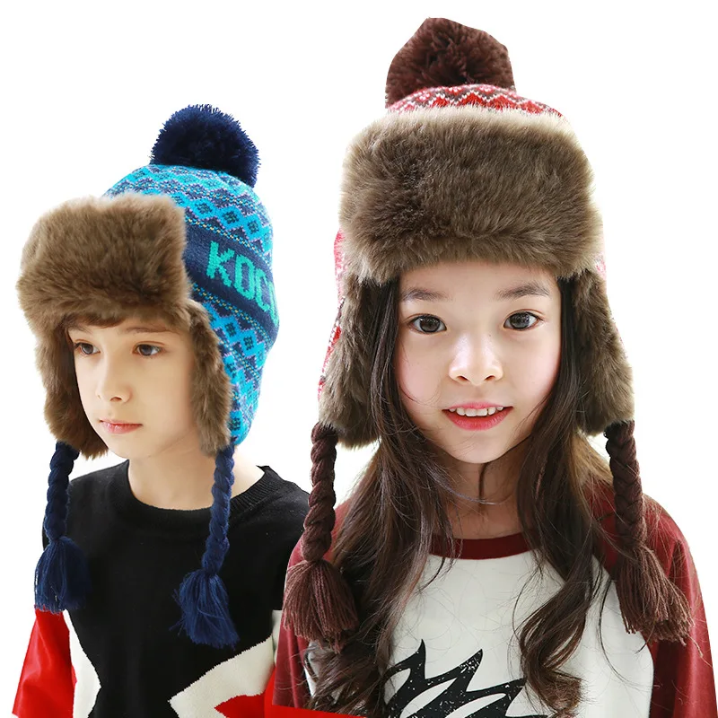 Kids Winter Warm Hat Ear Protection Cap Students Earflap Fur Hats Girls Beanie Ski Raccoon Hair Ball Caps B-8768 | Аксессуары для