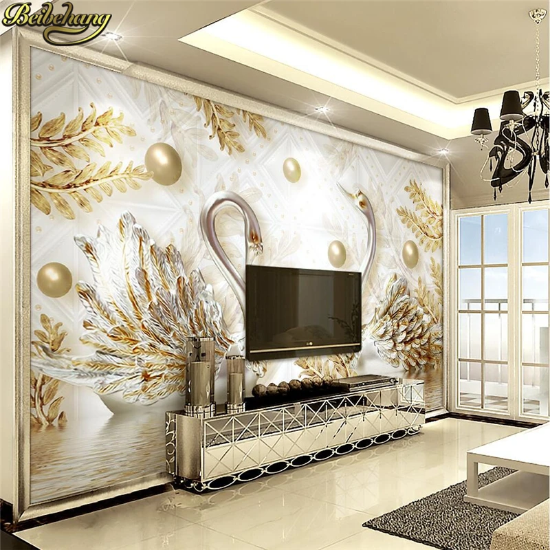 

beibehang Custom Papel De Parede 3D Luxury European Swan jewelry flower Wallpaper Living Room TV Backdrop Photo Mural Wall paper