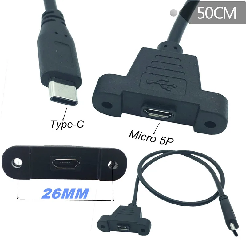 _ USB 3 1 Type-c Штекерный разъем к Micro 2 0 Женский Удлинительный кабель 50 см с винтами и