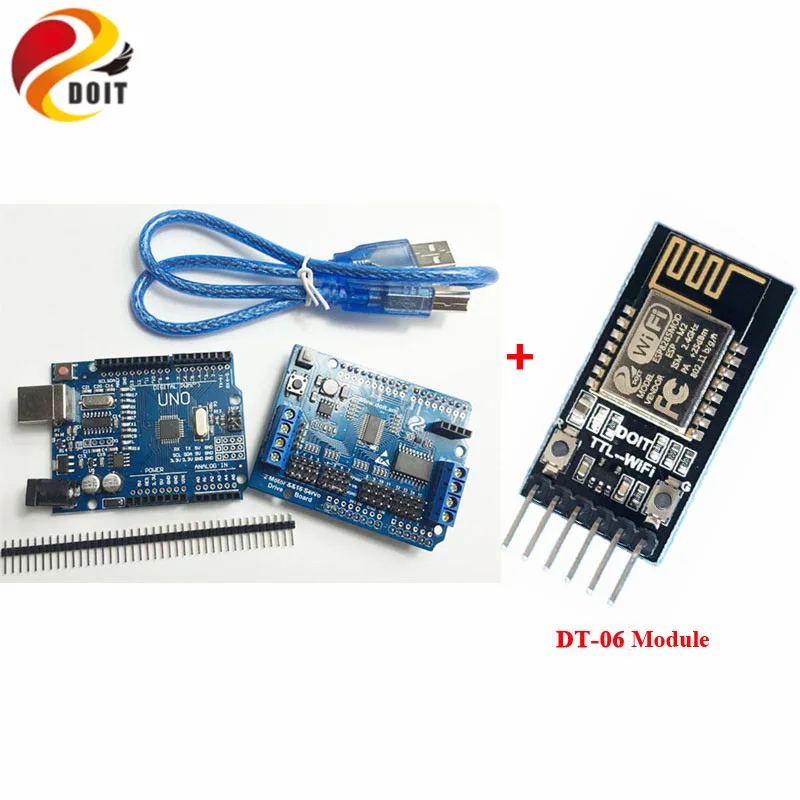Комплект контроллера Wi-Fi с макетной платой UNO R3 + плата драйвера серводвигателя + DT-06 модуль Wi-Fi для интеллектуального резервуара робота
Комплект контроллера Wi-Fi с макетной платой UNO R3 + плата драйвера серводвигателя + DT-06 модуль Wi-Fi для интеллектуального резервуара робота