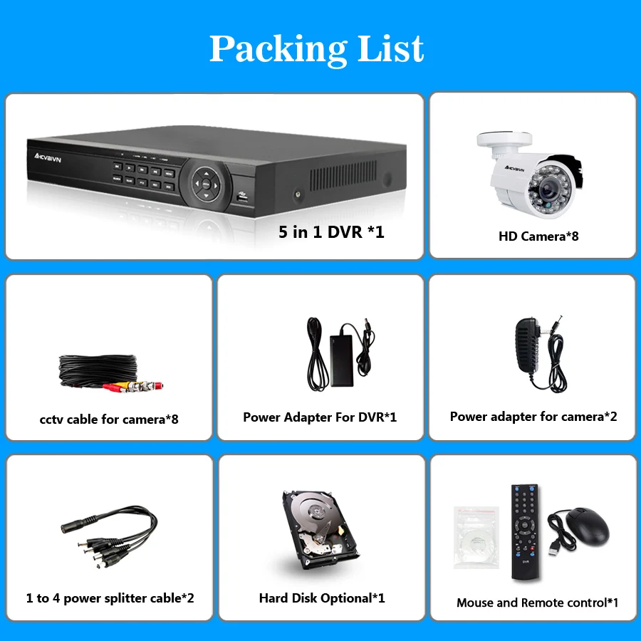Камера видеонаблюдения 8 каналов 1080P HDMI выход DVR шт. 2000 ТВЛ 720P водонепроницаемая |