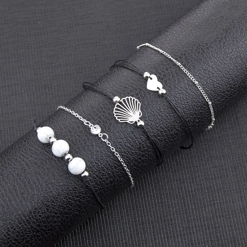 5 Pcs/Set Bohemian Women Multilayer Hollow Shell Heart Bead Crystal Leather Chain Bracelet Set Charm Fashion Jewelry Gift | Украшения и