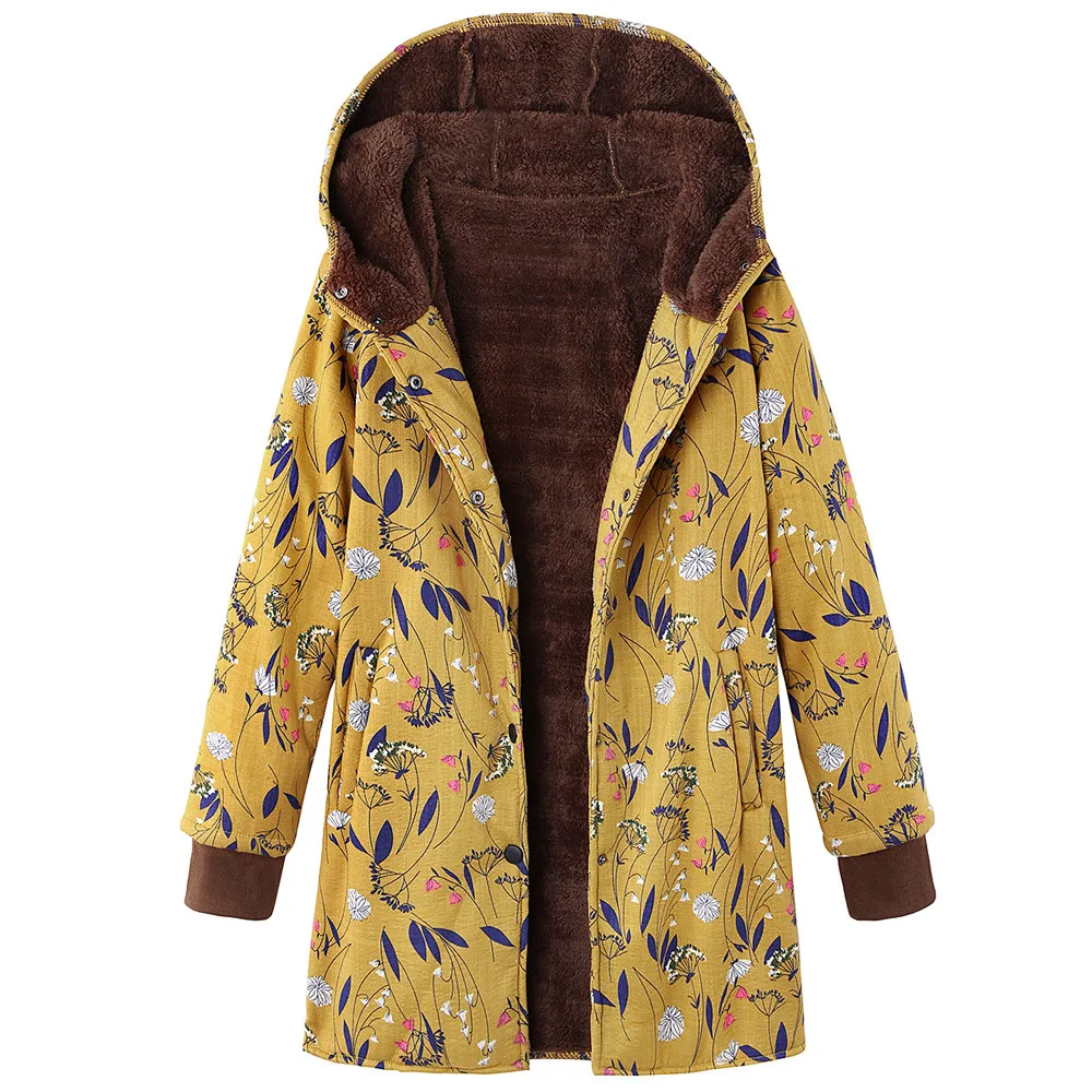 Женское пальто с цветочным принтом зимнее теплое винтажное оверсайз капюшоном и