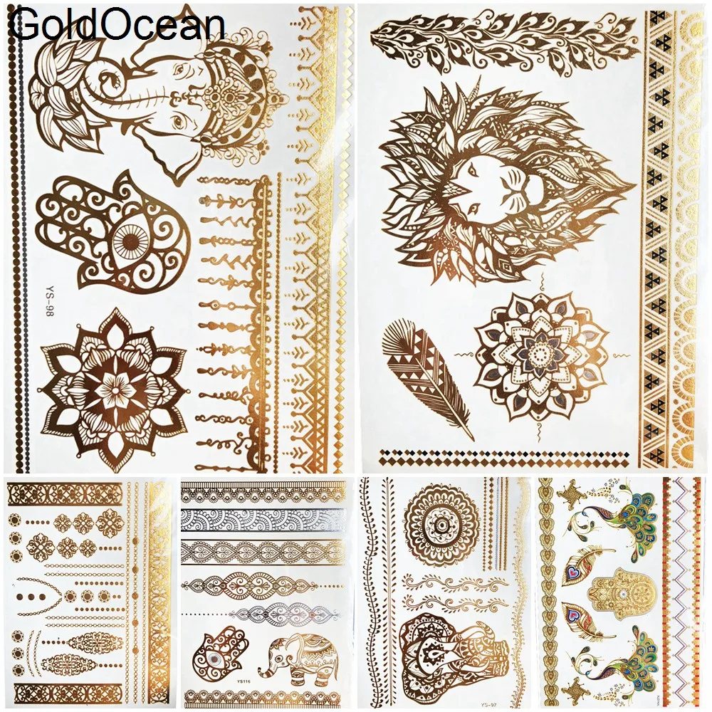 Henna Ganesha Mandala Gold Metal Flash Tattoo Arm Elephant Hamsa Flower Temporary Tattoo Stickers Girls Neck Lion Tatoos Feather
Henna Ganesha Mandala Gold Metal Flash Tattoo Arm Elephant Hamsa Flower Temporary Tattoo Stickers Girls Neck Lion Tatoos Feather