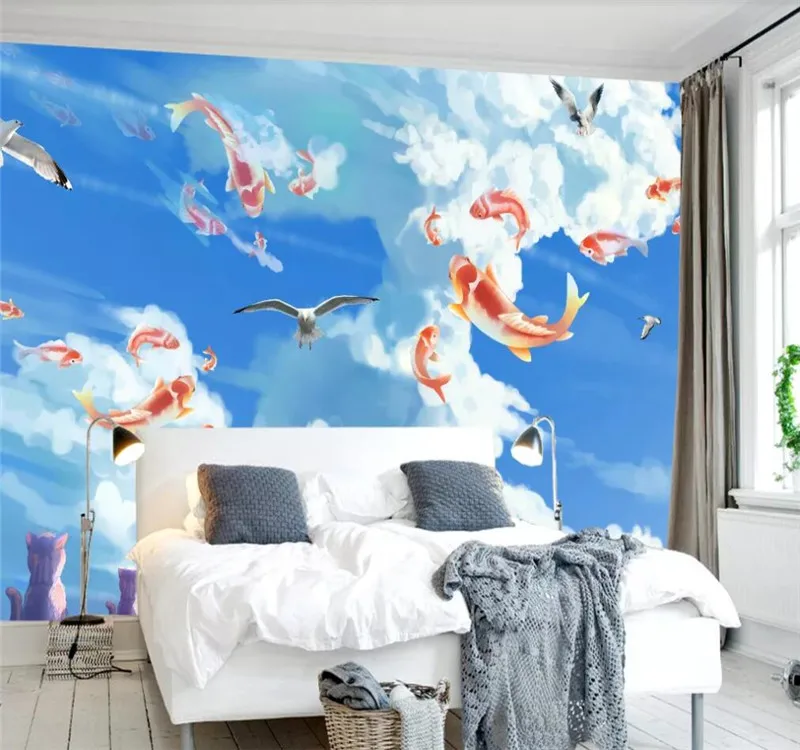 Custom 3d wallpaper hand-painted blue sky and white koi carp with cat background wall decoration silk waterproof material
Custom 3d wallpaper hand-painted blue sky and white koi carp with cat background wall decoration silk waterproof material