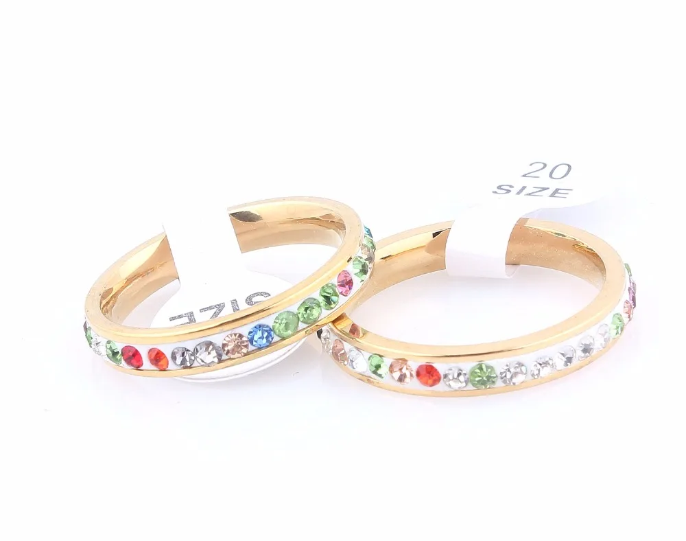 

Wholesale Bulk 10Pcs 4MM Colorful Gold CZ Inlay Stainless Steel Ring Band Eternity Men Women Wedding Party Valentine School Gift