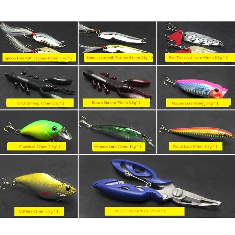 101Pcs Lure Kit Set Spinner Crankbait Minnow Popper VIB Soft Hard Spoon Crank Baits Fishing Hooks Fishing Tackle Box Accessories
101Pcs Lure Kit Set Spinner Crankbait Minnow Popper VIB Soft Hard Spoon Crank Baits Fishing Hooks Fishing Tackle Box Accessories