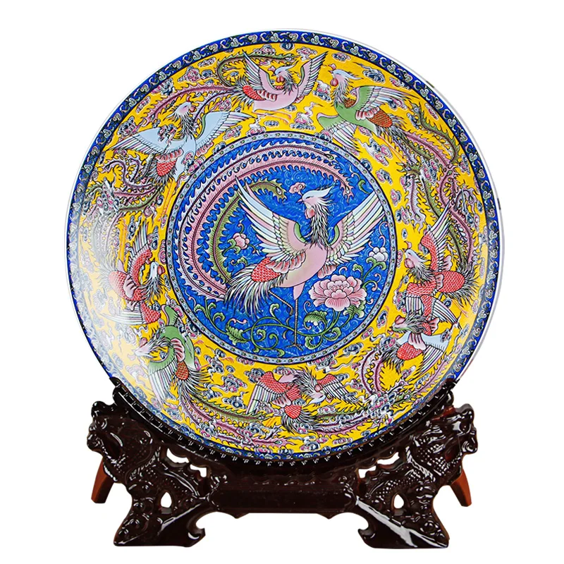 Fengshui Art Ceramic Ornamental Plate Ancient China NinePheonix Decoration Wood Base Porcelain Traditional Chinese Plate Set
Fengshui Art Ceramic Ornamental Plate Ancient China NinePheonix Decoration Wood Base Porcelain Traditional Chinese Plate Set