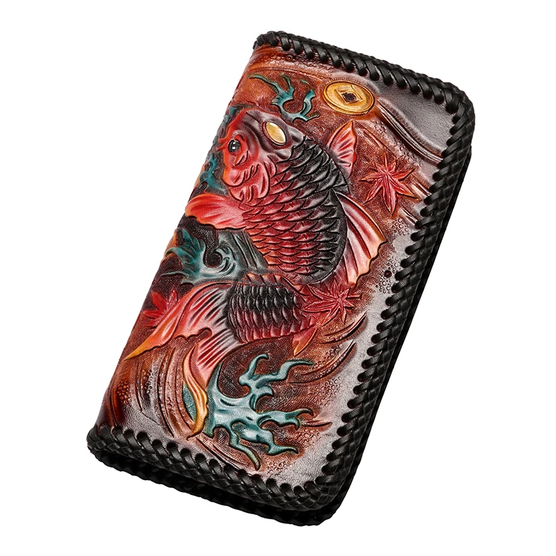 Hand Engraving Men Genuine Leather Knitting Wallets Carving Carp Bag Purses Women Clutch Vegetable Tanned Leather Wallet Gifts
Hand Engraving Men Genuine Leather Knitting Wallets Carving Carp Bag Purses Women Clutch Vegetable Tanned Leather Wallet Gifts
