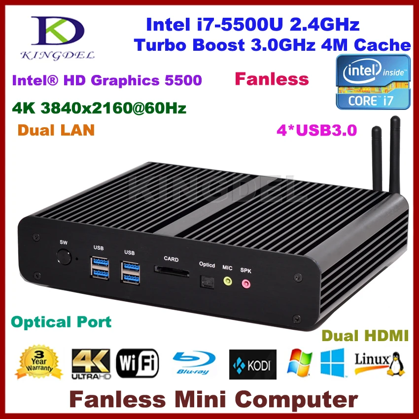 Безвентиляторный мини ПК Kingdel HTPC Intel 5 го поколения Core i7 5500U с 16 Гб ОЗУ + SSD HDD UltraHD 4K 2 *