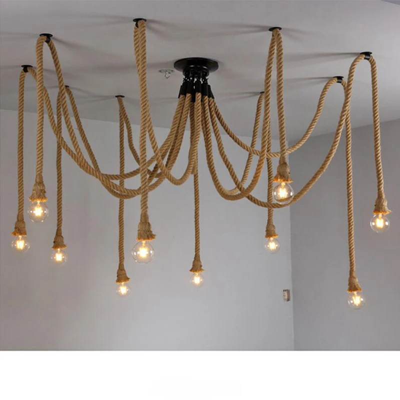 

Люстра из пеньковой веревки в стиле ретро Винтаж паук лампа светодиодный промышленное освещение E27 Edison блеск для ресторана украшения дома